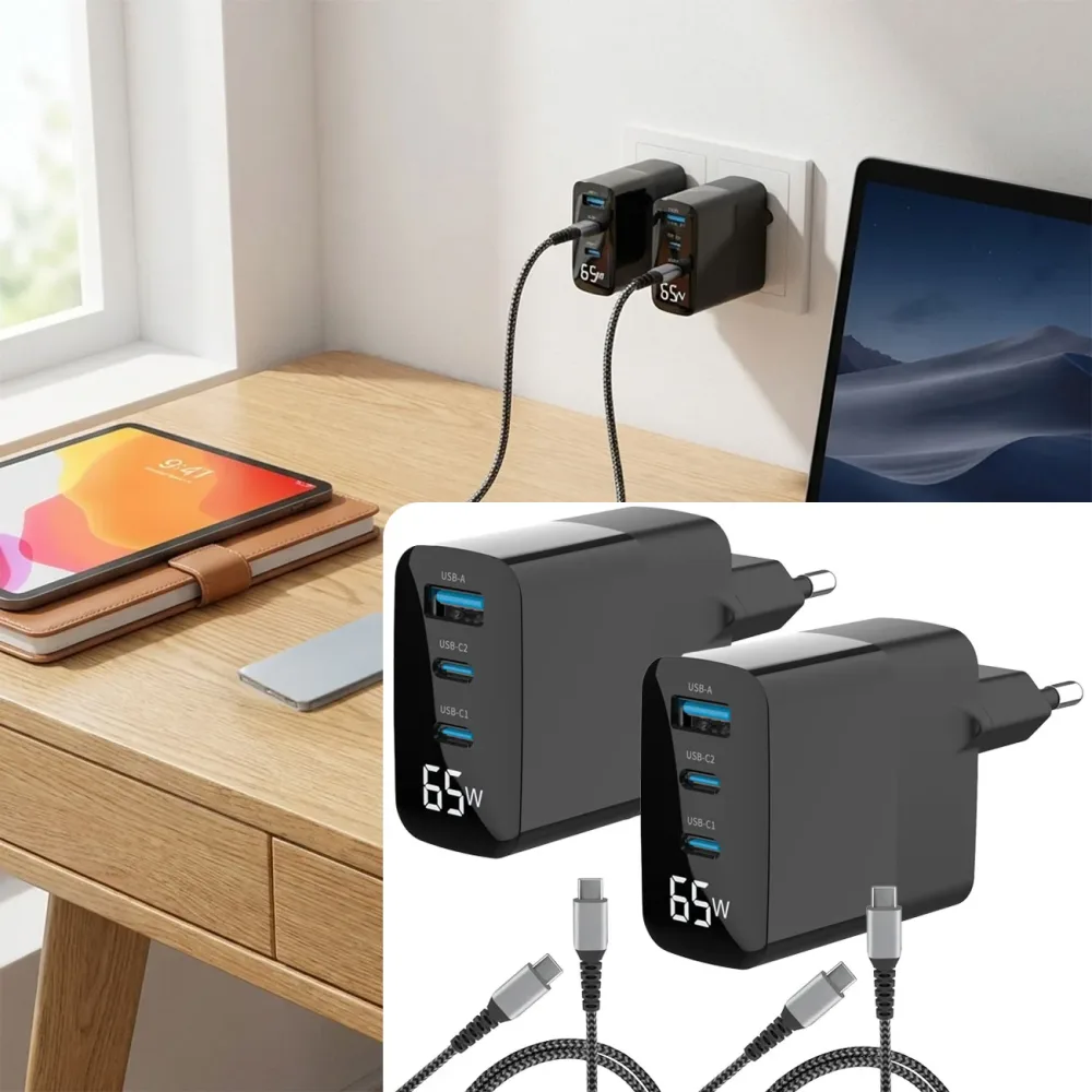 2er-Set USB Ladegerät mit Ladekabel, 3 Ports, 2x Typ-C & 1x Typ-A, 65 Watt, schwarz