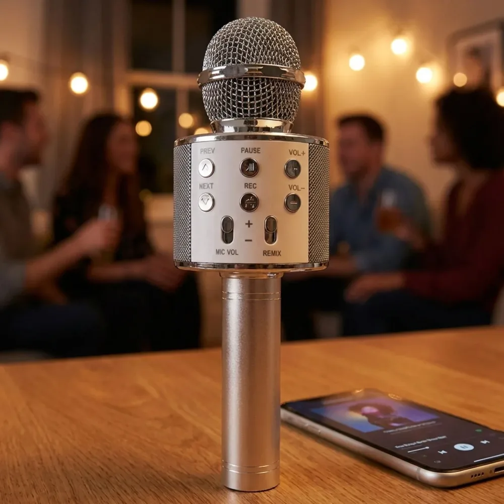 Bluetooth Karaoke-Mikrofon & Lautsprecher mit verschiedenen Stimmeffekten & Echo, silber