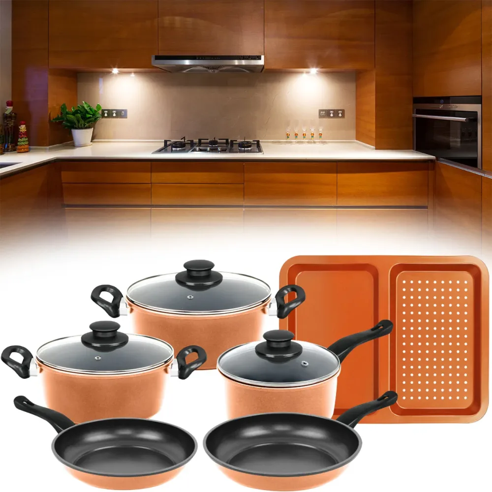 Kochtopf-Set mit Glasdeckel, 9-teilig, mit Backblech, kupfer