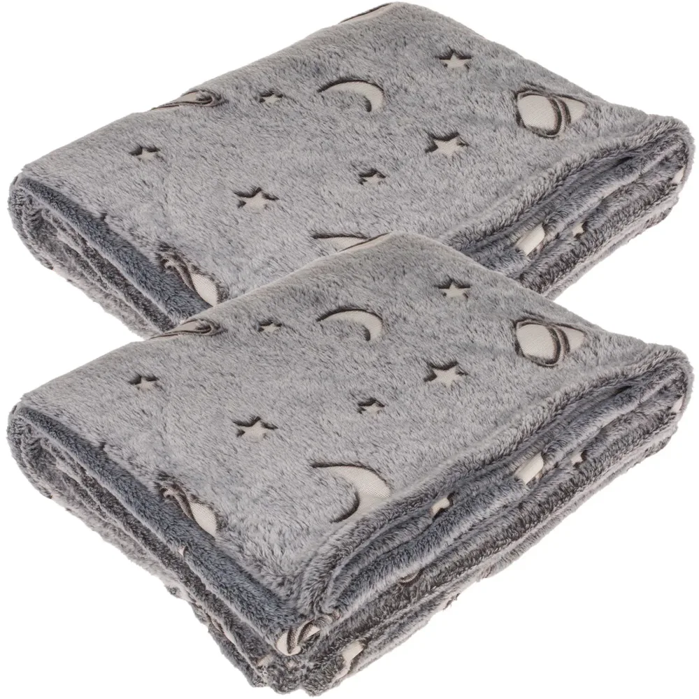 2er-Set Kuscheldecke aus Fleece mit Leuchtplaneten, 173 x 135 cm, grau