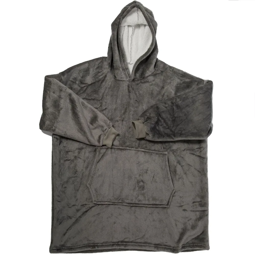 XXL Kuscheldecke mit Ärmeln, Kapuze & Bauchtasche, grau