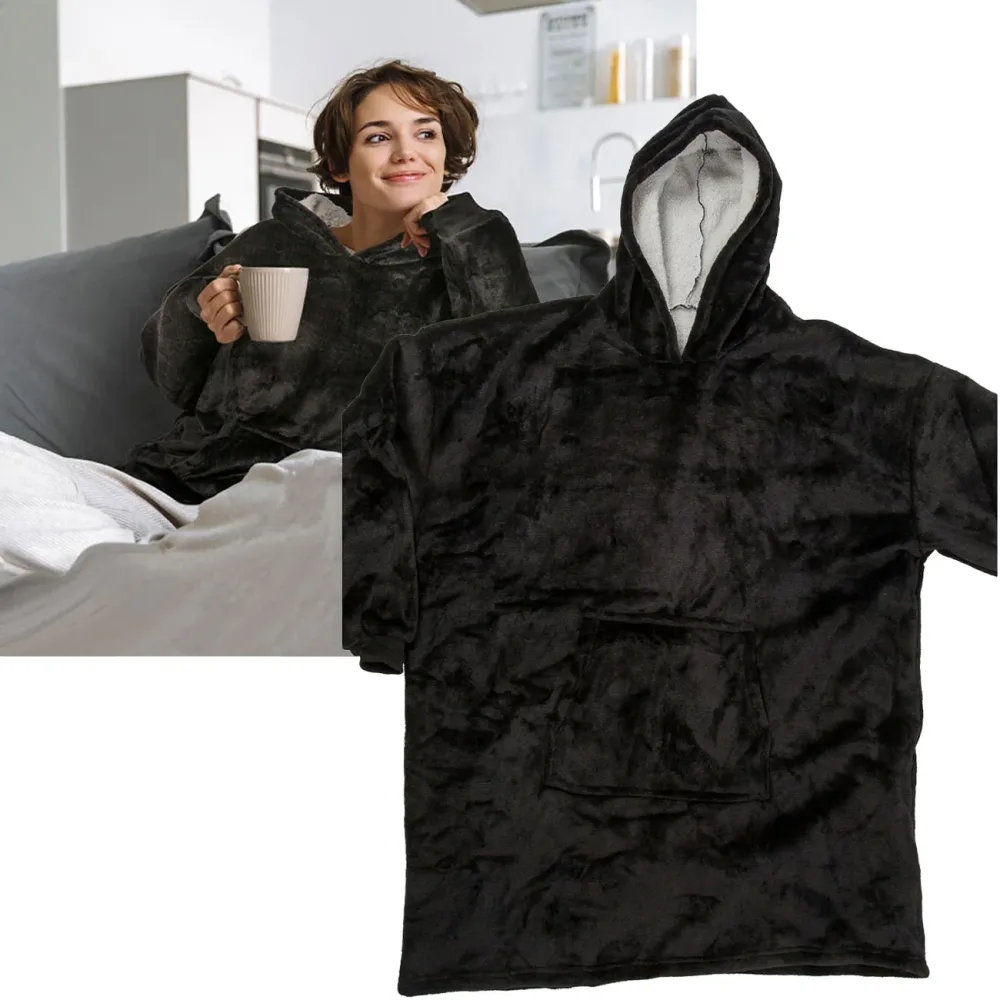 XXL Kuscheldecke mit Ärmeln, Kapuze & Bauchtasche, schwarz