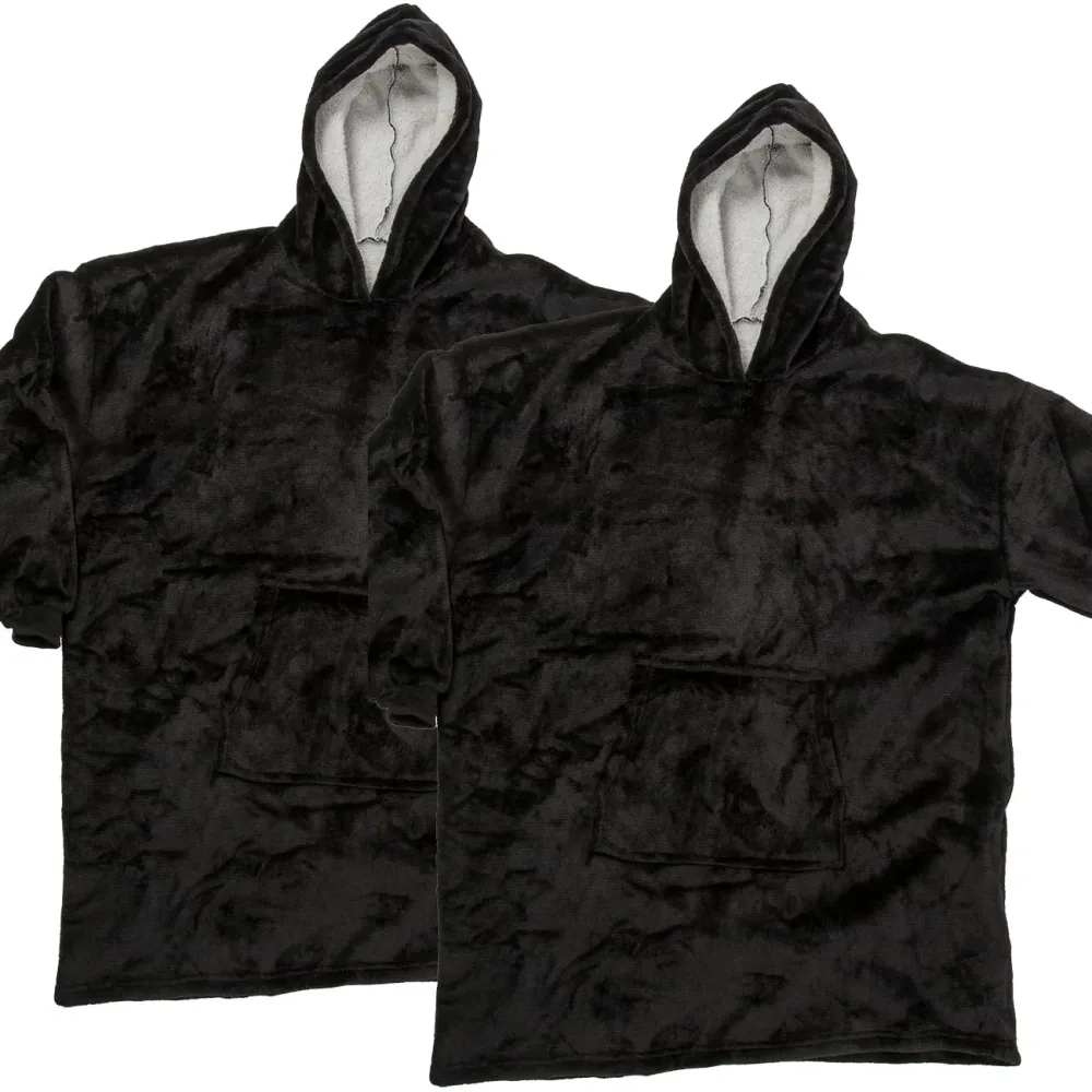 2er-Set XXL Kuscheldecke mit Ärmeln, Kapuze & Bauchtasche, schwarz
