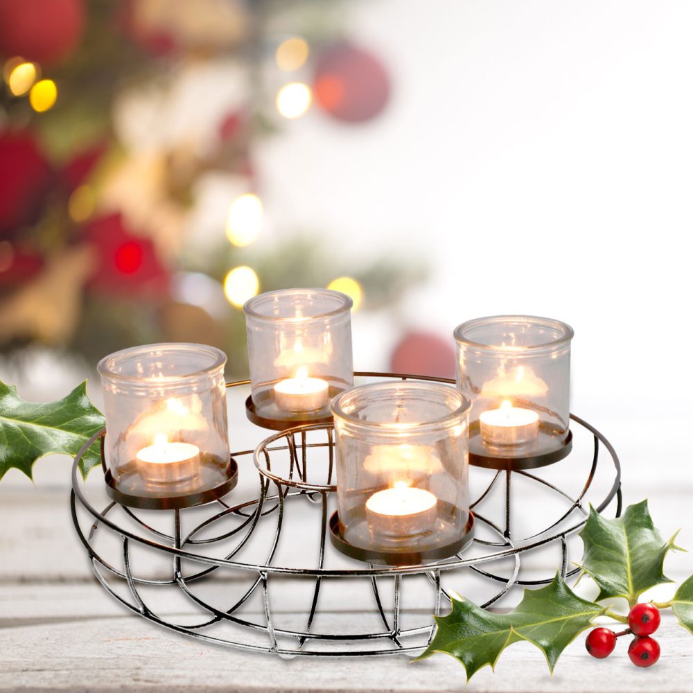 Adventskranz aus Drahtgeflecht, inkl. 4 Windlichtern, Ø 35