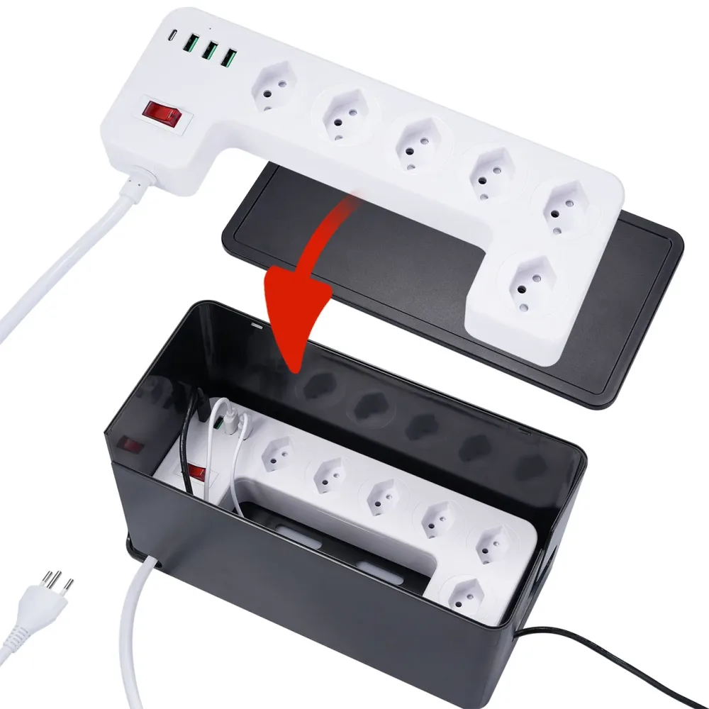 6-fach Steckdosenleiste mit Kabelbox, 3x USB-A, USB-C, 15 W