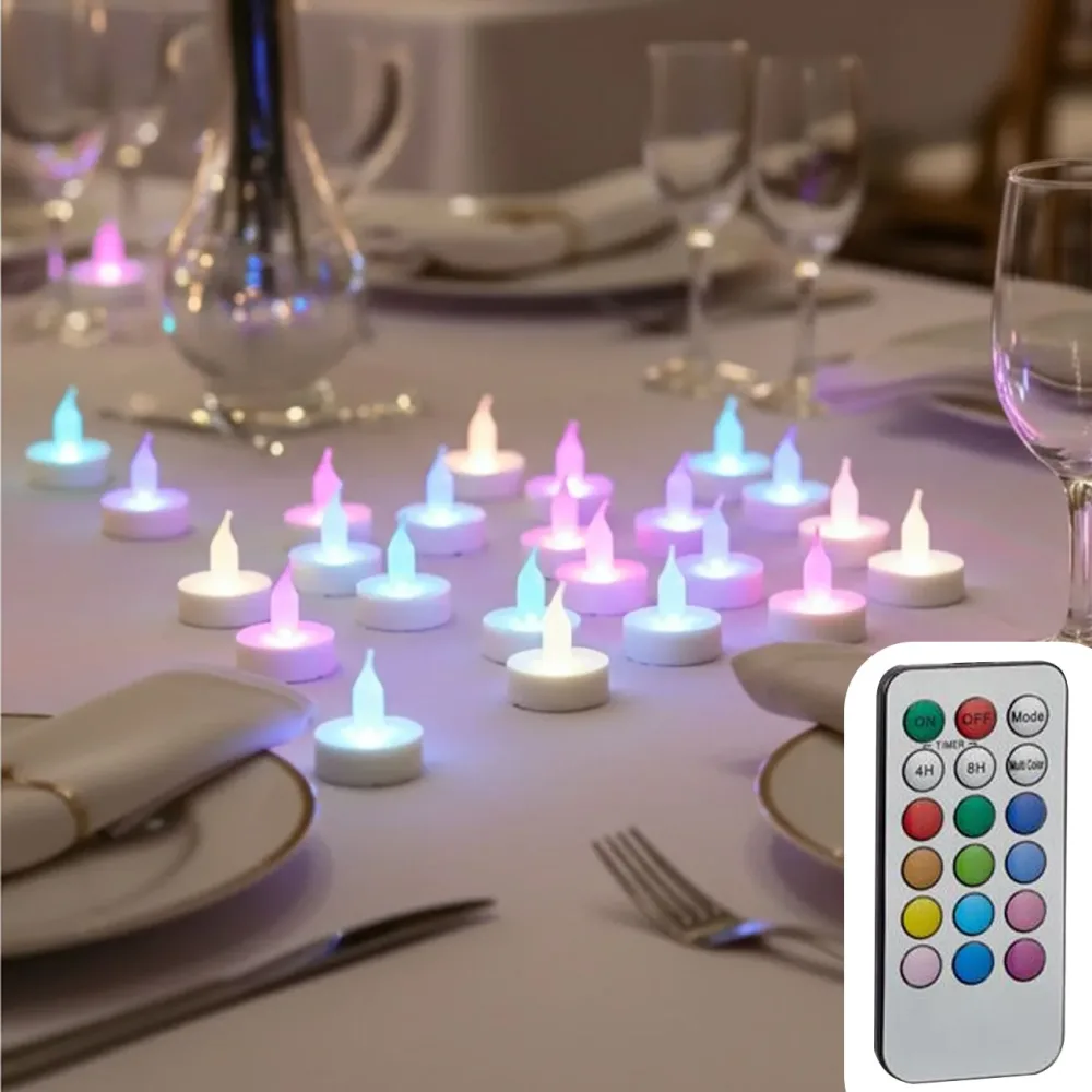 LED-Teelicht-Set, 20 Stück, bunt, inkl. Fernbedienung und 4/8h Timer, Ø 4cm