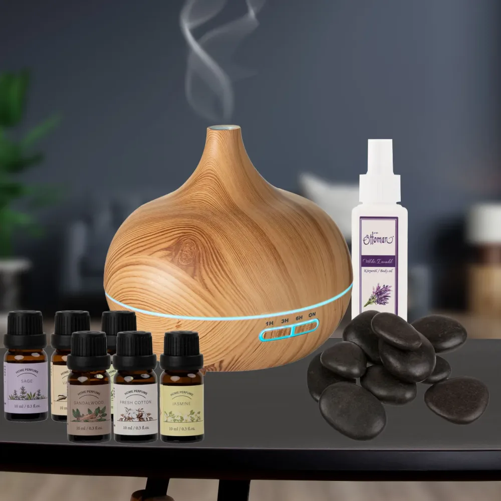 Wellness-Set aus Duftlampe, 6, 6 Düften, 9 Hot-Stones und Lavendelöl