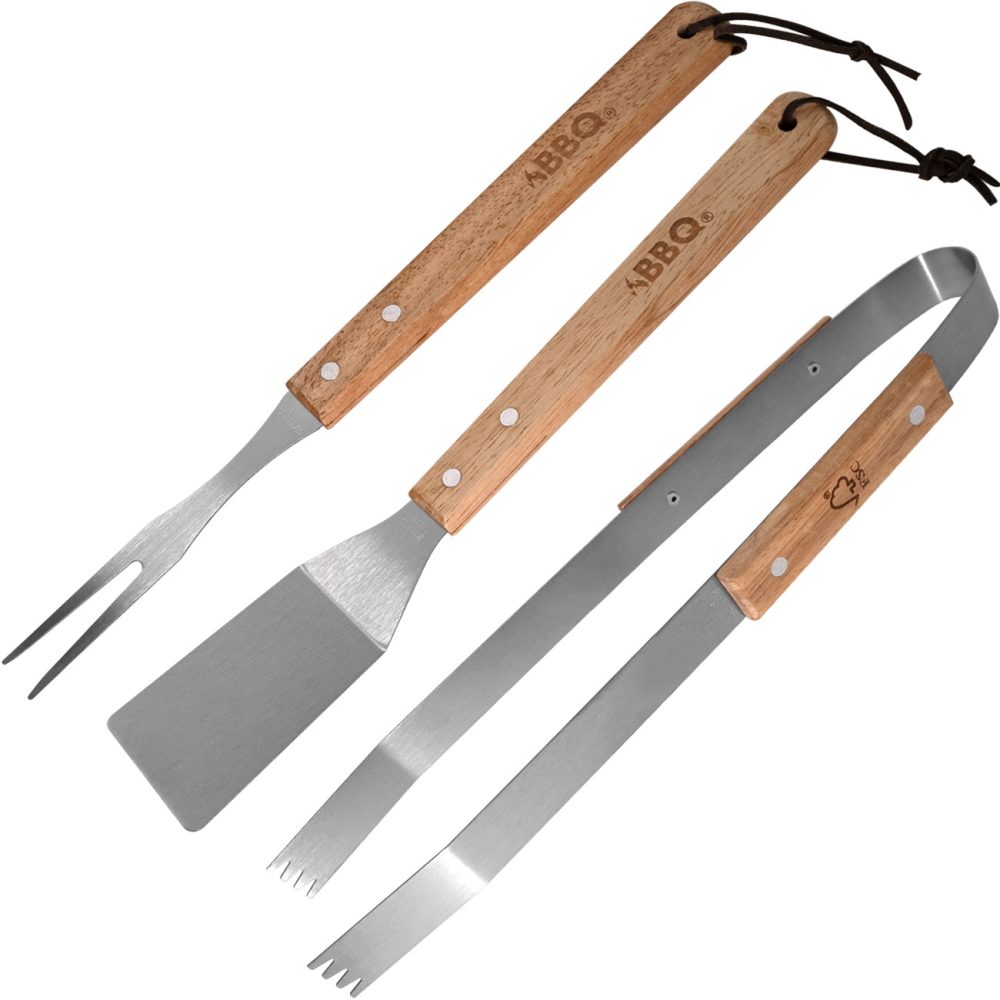 Grillbesteck aus Edelstahl, 3-tlg., mit extralangen Gummiholz-Griffen
