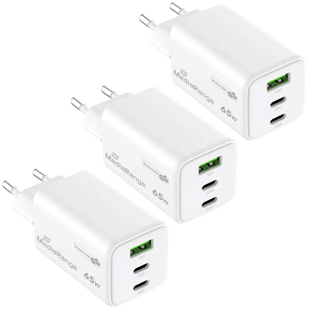 3er-Set Schnellladeadapter, GaN, 2x USB-C und 1x USB-A, PD & QC, 65 Watt, weiss