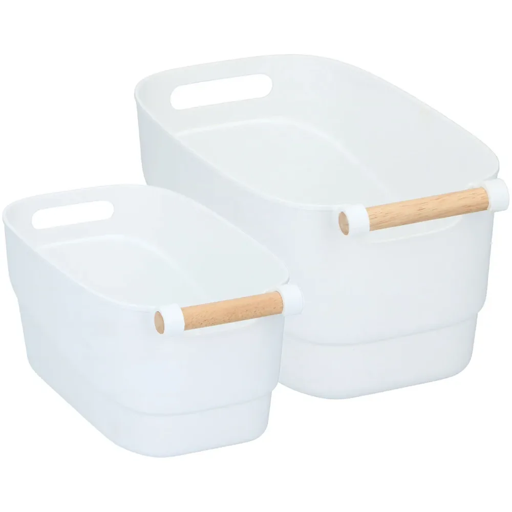 Aufbewahrungsboxen Set, 2 Grössen, Kunststoff mit Bambus-Griff, weiss