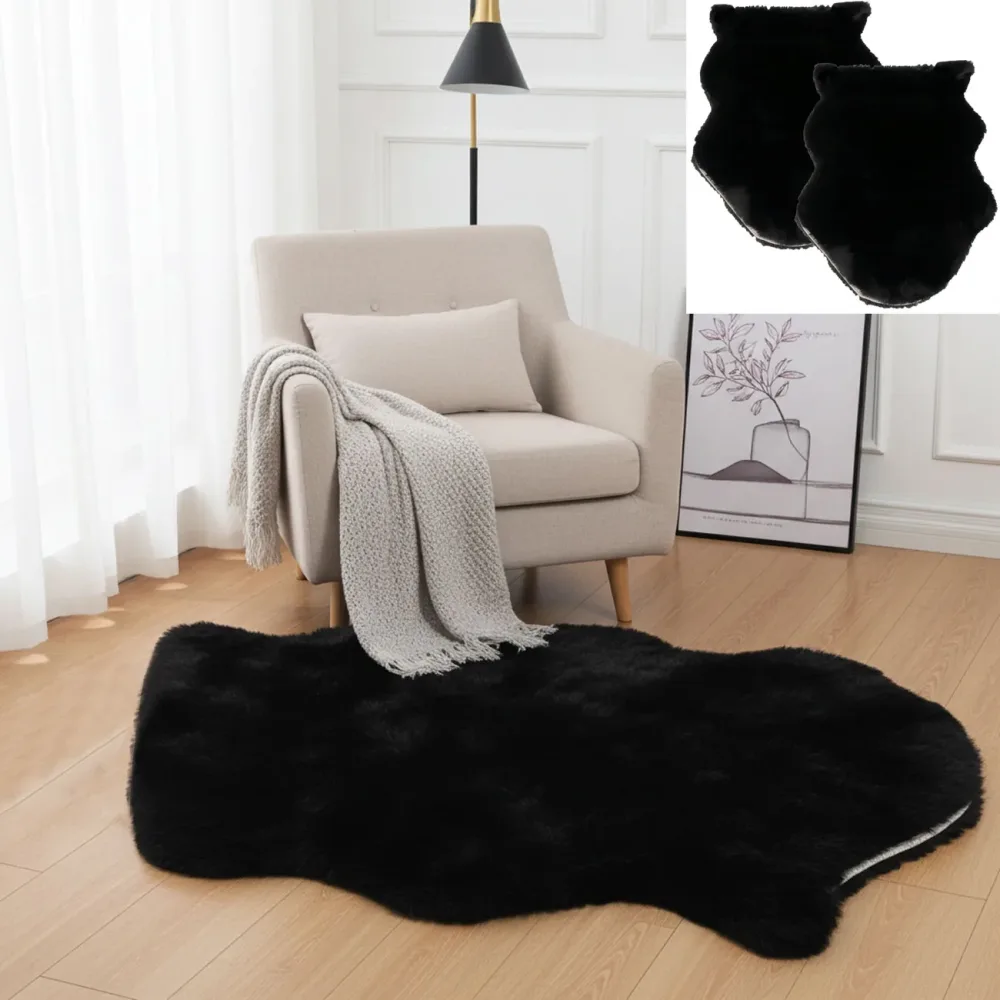 2er-Set Grosses Kuschelfell aus Kunstfell & Wildlederimitat, schwarz, 180 x 60 cm