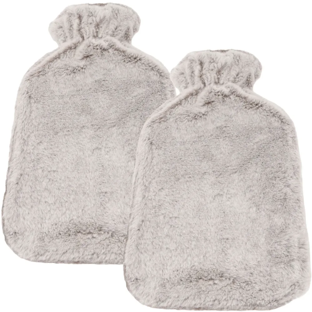 2er-Set Wärmflasche mit flauschigem Plüsch-Bezug, 1,6 Liter, beige