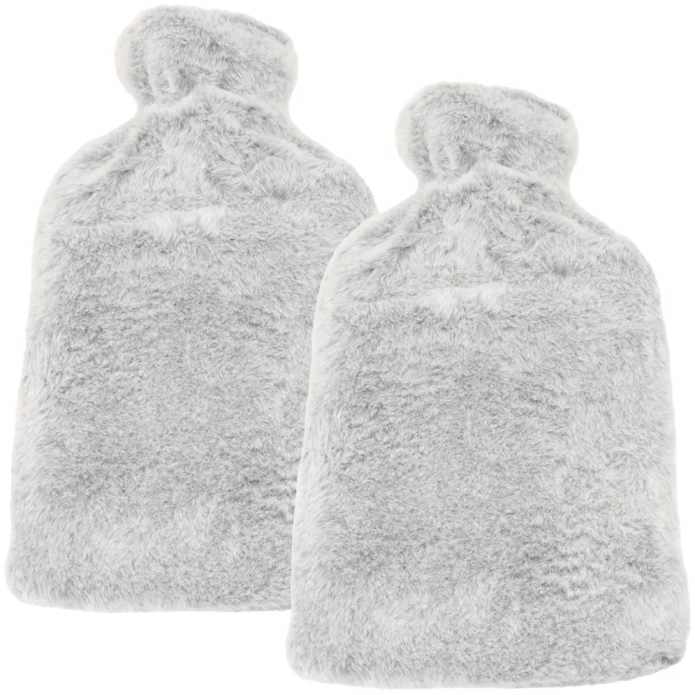 2er-Set Wärmflasche mit flauschigem Plüsch-Bezug, 1,6 Liter, hellgrau