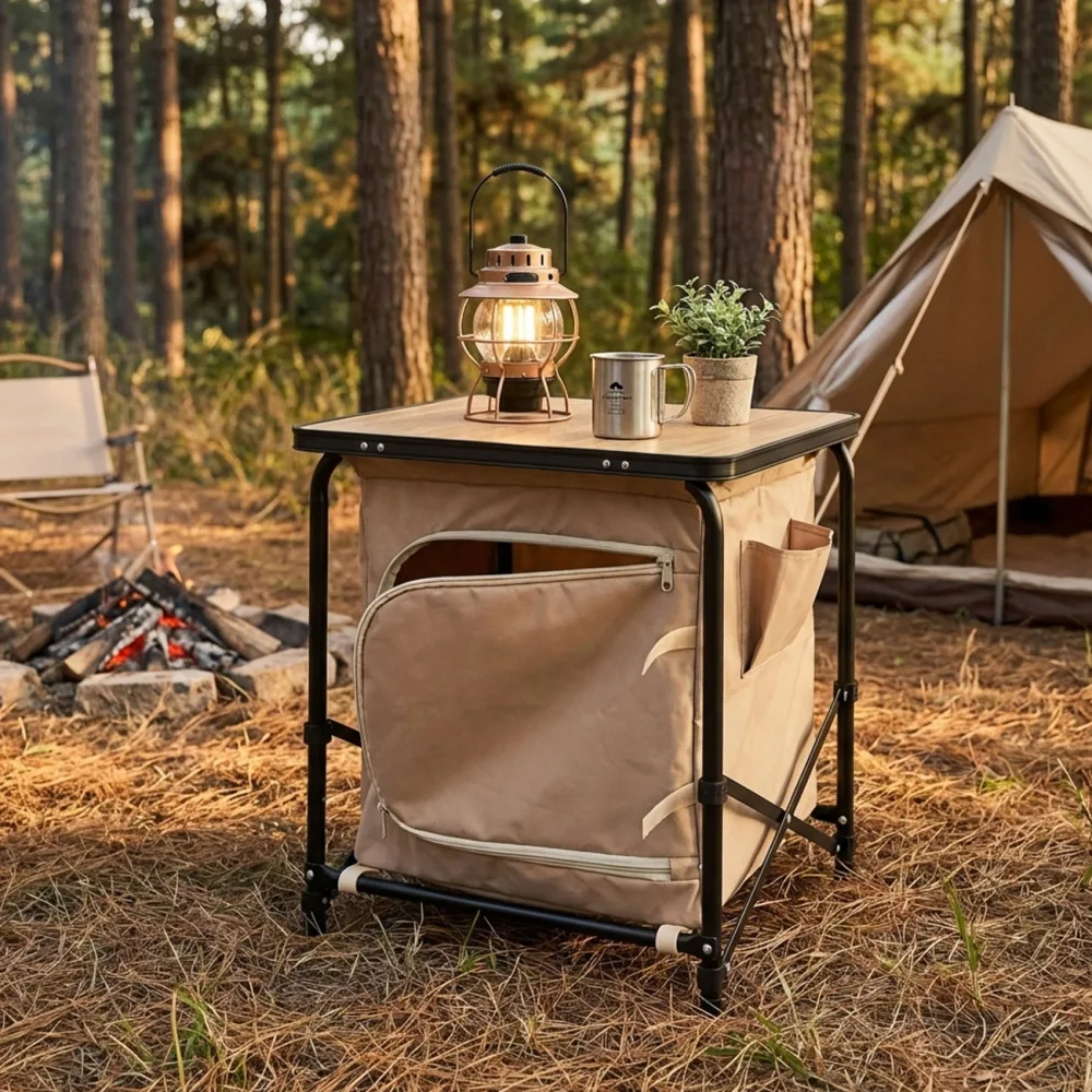 Camping Faltschrank, beige-schwarz, Camping-Küchenbox
