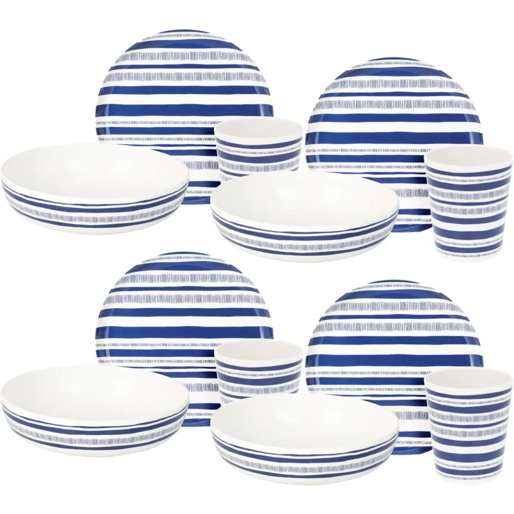 Melamin Geschirr Set, 12-tlg., blau-weiss