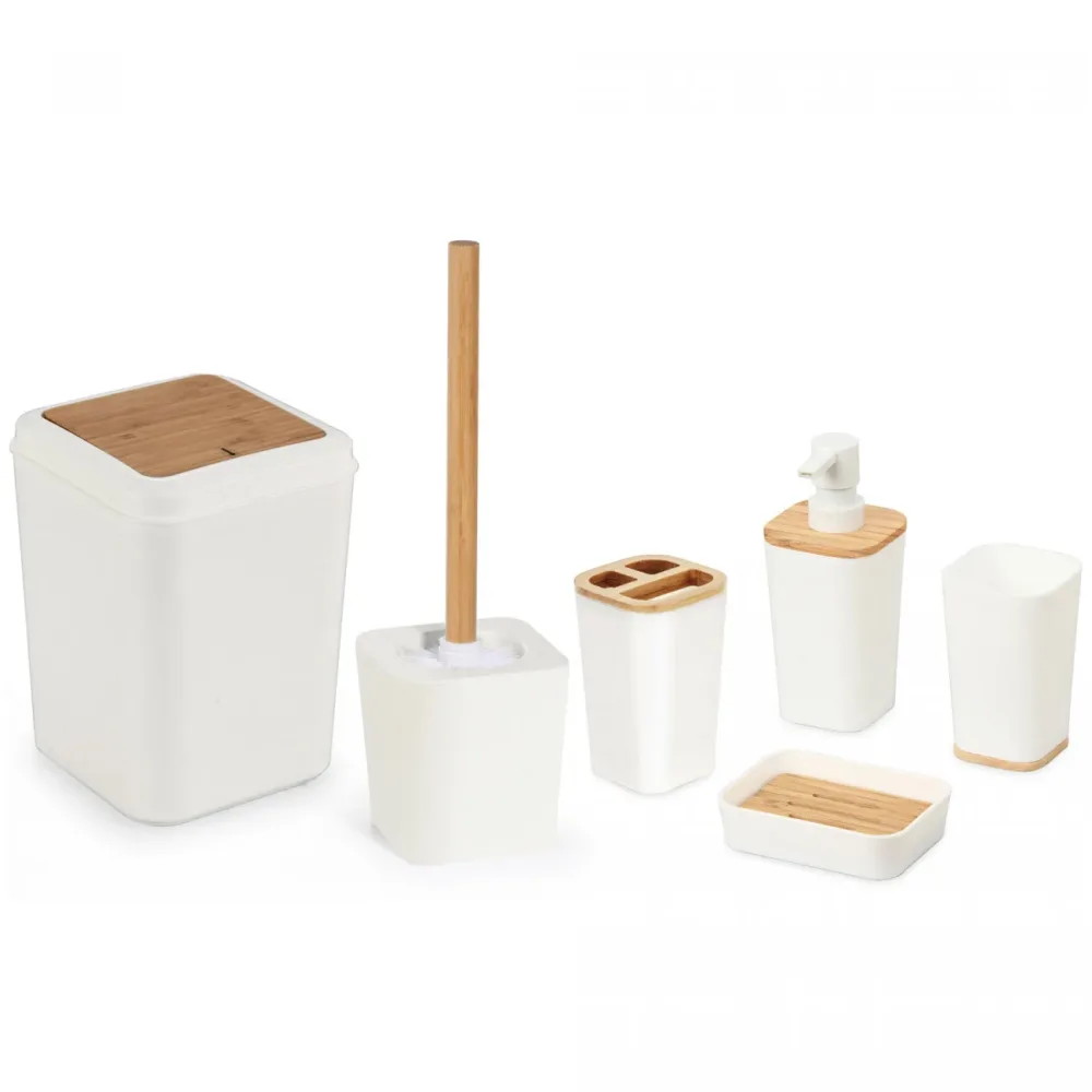 Badezimmer Zubehör Set, 6-teilig, weiss mit Bambus