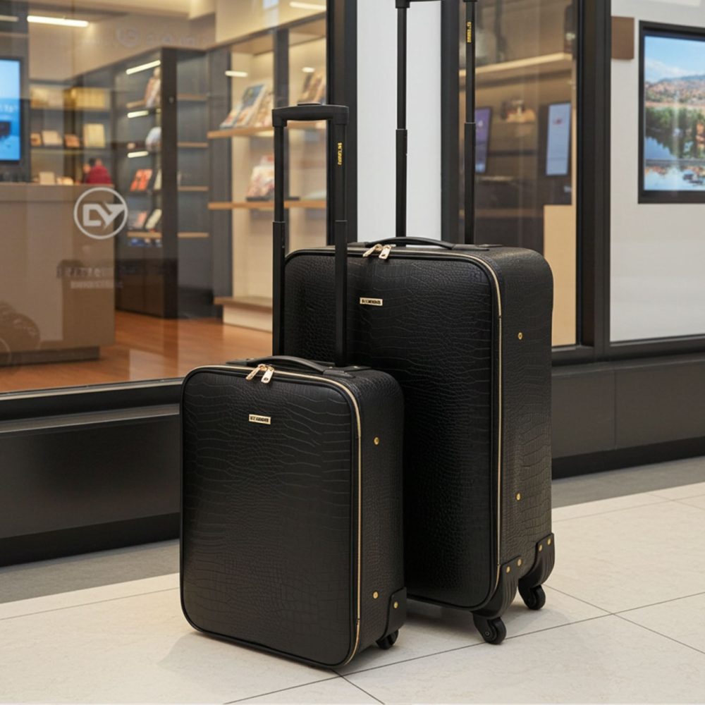 Koffer Trolley-Set, 2-tlg, Kroko-Design, schwarz