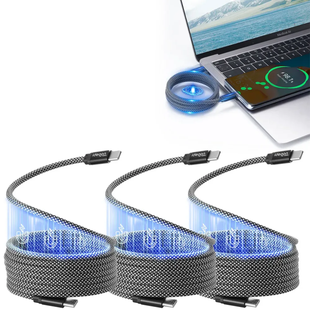 3er-Set Daten- & Ladekabel, Magnetische Aufrollfunktion, USB-C auf-USB-C, 100 W, 1m