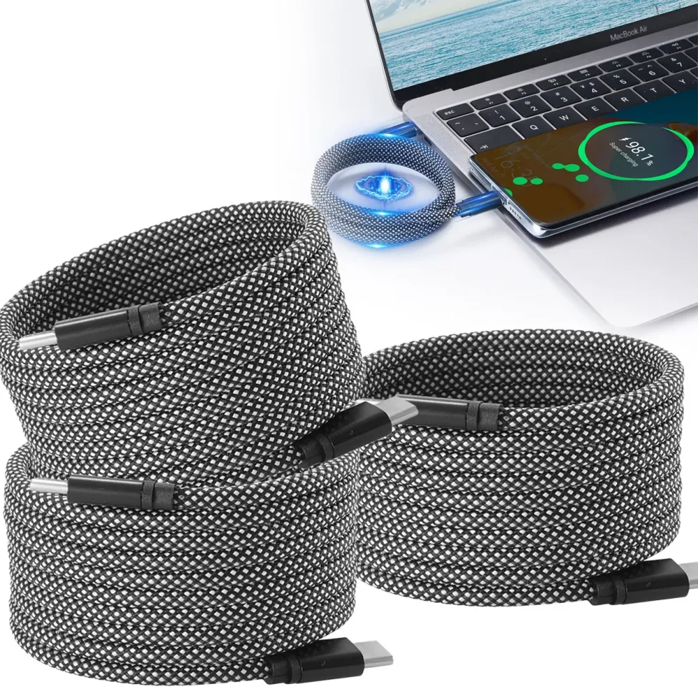 3er-Set Daten- & Ladekabel, Magnetische Aufrollfunktion, USB-C auf-USB-C, 100 W, 2m