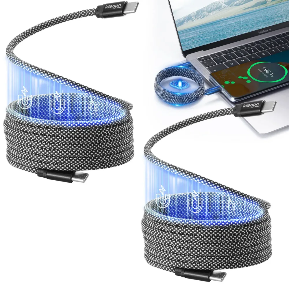 2er-Set Daten- & Ladekabel, Magnetische Aufrollfunktion, USB-C auf-USB-C, 100 W, 1m