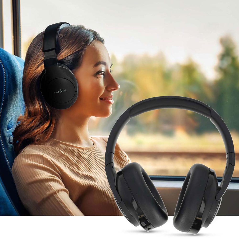 Nedis - Kabellose Over-Ear-Kopfhörer | Maximale Akkulaufzeit: 28 Stunden | Integriertes Mikrofon | Drucksteuerung | Hybrid (ENC + ANC) | Sprachsteuerungsunterstützung | Lautstärkeregelung, Schwarz, One Size