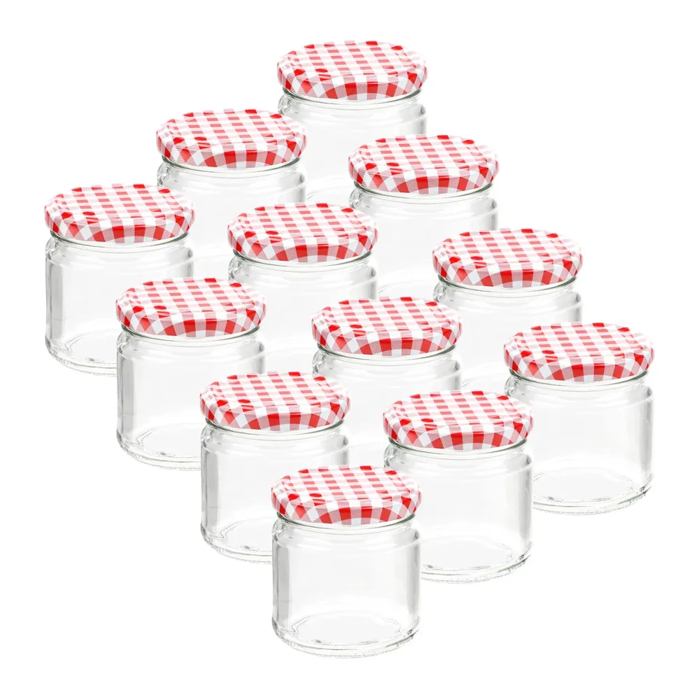 12er-Set Einmachgläser mit Schraubdeckel, Sturzgläser mit Karo-Muster, je 315 ml