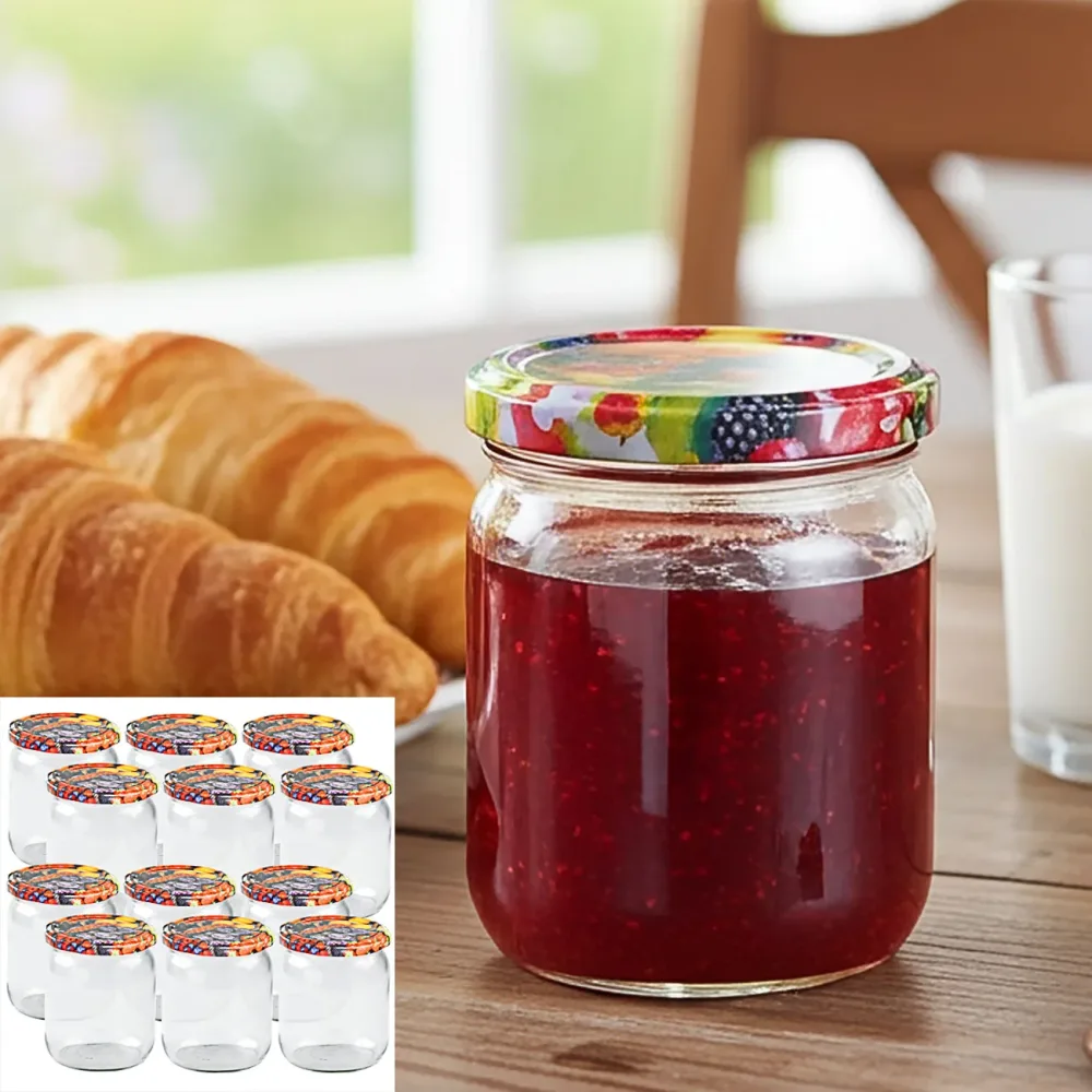 12er-Set Einmachgläser mit Schraubdeckel, Sturzgläser mit Früchte-Muster, je 540 ml