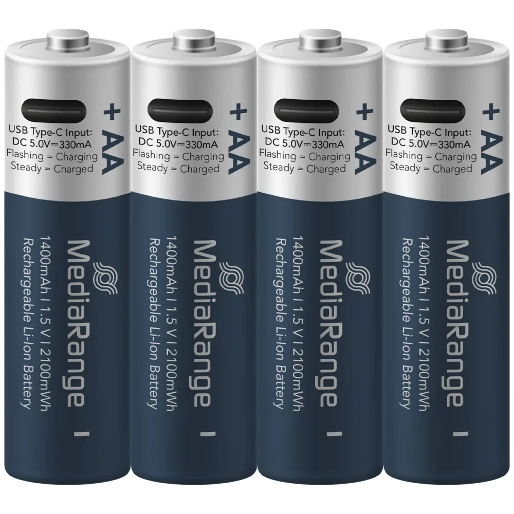 4er-Set Li-Ion-Akkus AA mit USB-C, 1,5 V, 1400 mAh
