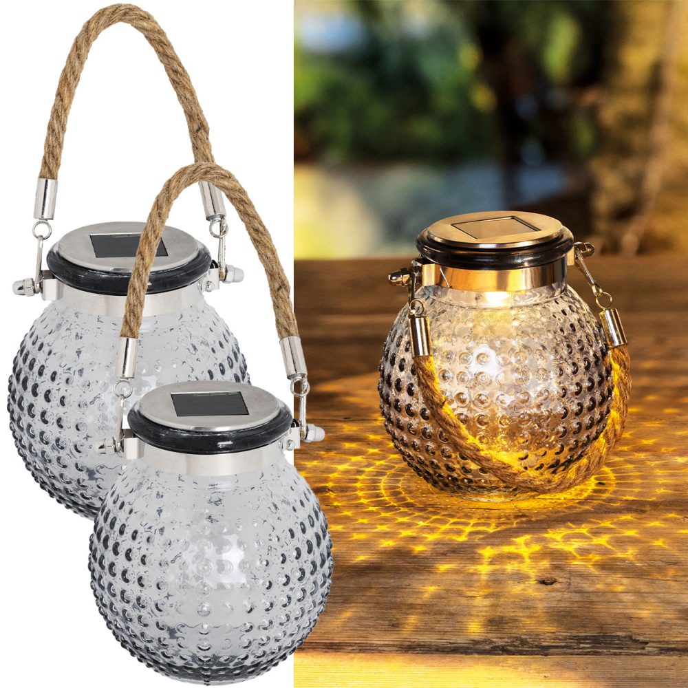 2er-Set Glaskugel LED Solarleuchte mit Jute-Kordel, Ø 11 cm