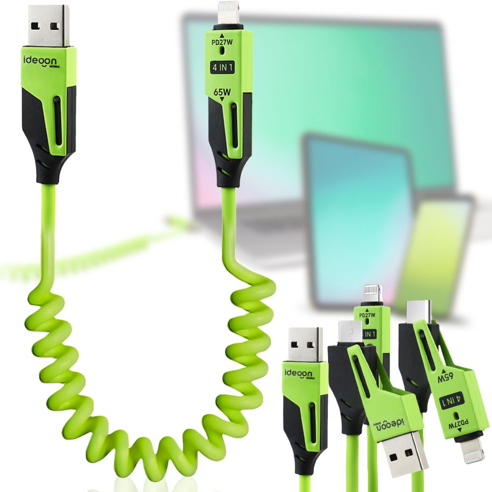 4in1 Spiral Ladekabel, USB-C & Lightning, grün, 65 W