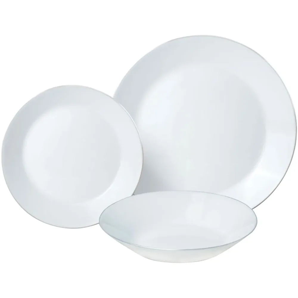 18-teiliges Geschirr-Set aus Glas, weiss mit Silberrand