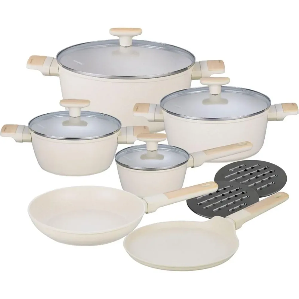 Kochset m. marmorierter Antihaftbeschichtung, 12-teilig, beige