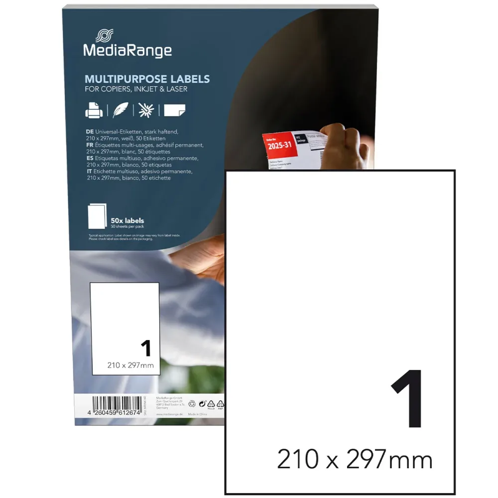 Universal-Klebe-Etiketten, stark haftend, DIN A4, 50 Blatt / 50 Etiketten, weiss