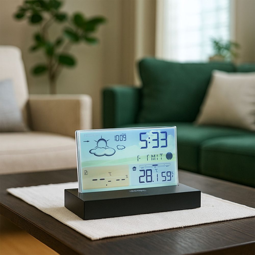 Funk-Wetterstation mit farbigem und rahmenlosem LCD-Display, Hygrometer, Aussensensor
