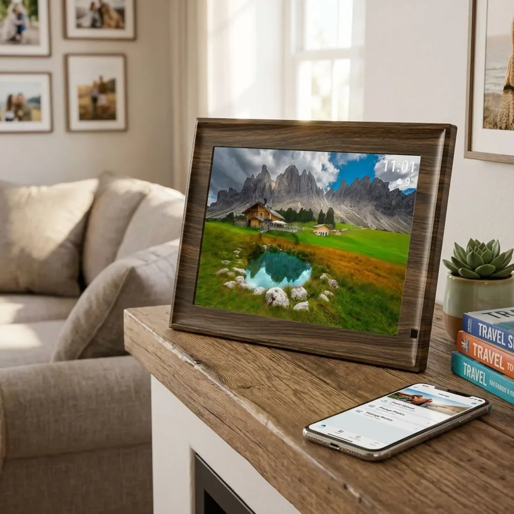 TFA Dostmann FRAMEO App Digitaler WiFi-Bilderrahmen 25.7 cm 10.1 Zoll 1280 x 800 Pixel 32 GB Holz (dunkel), Schwarz