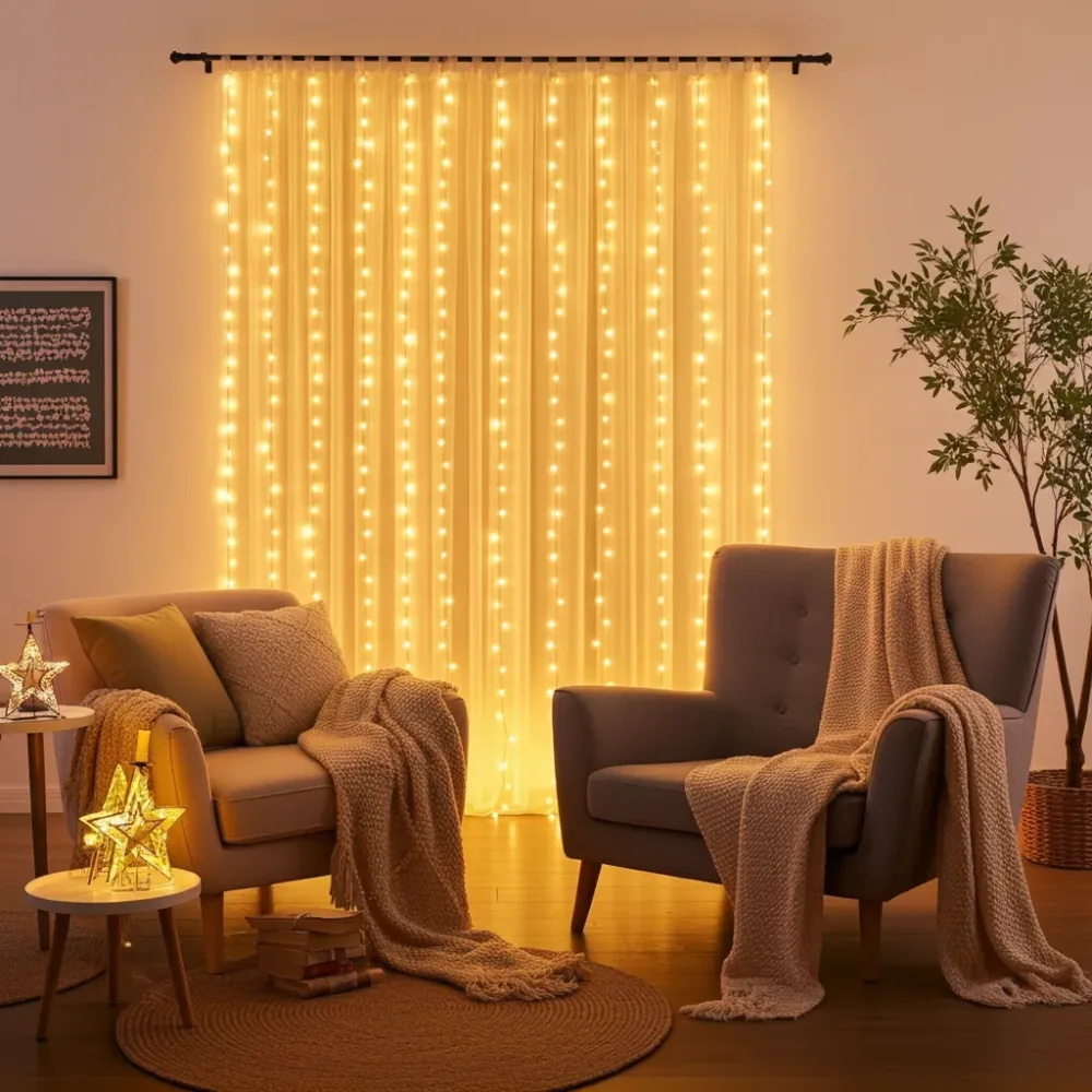 LED-Lichtervorhang mit Fernbedienung, warmweiss, 200 LEDs, USB, 3x3m