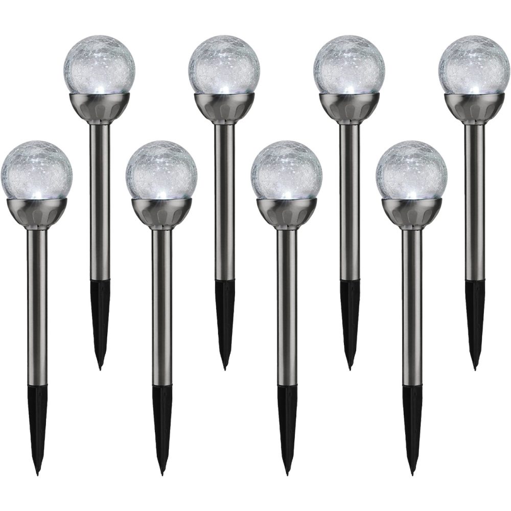 8er-Set Solar-Gartenlampe mit Crackle-Effekt-Kugel & Erdspiess, weiss & bunt