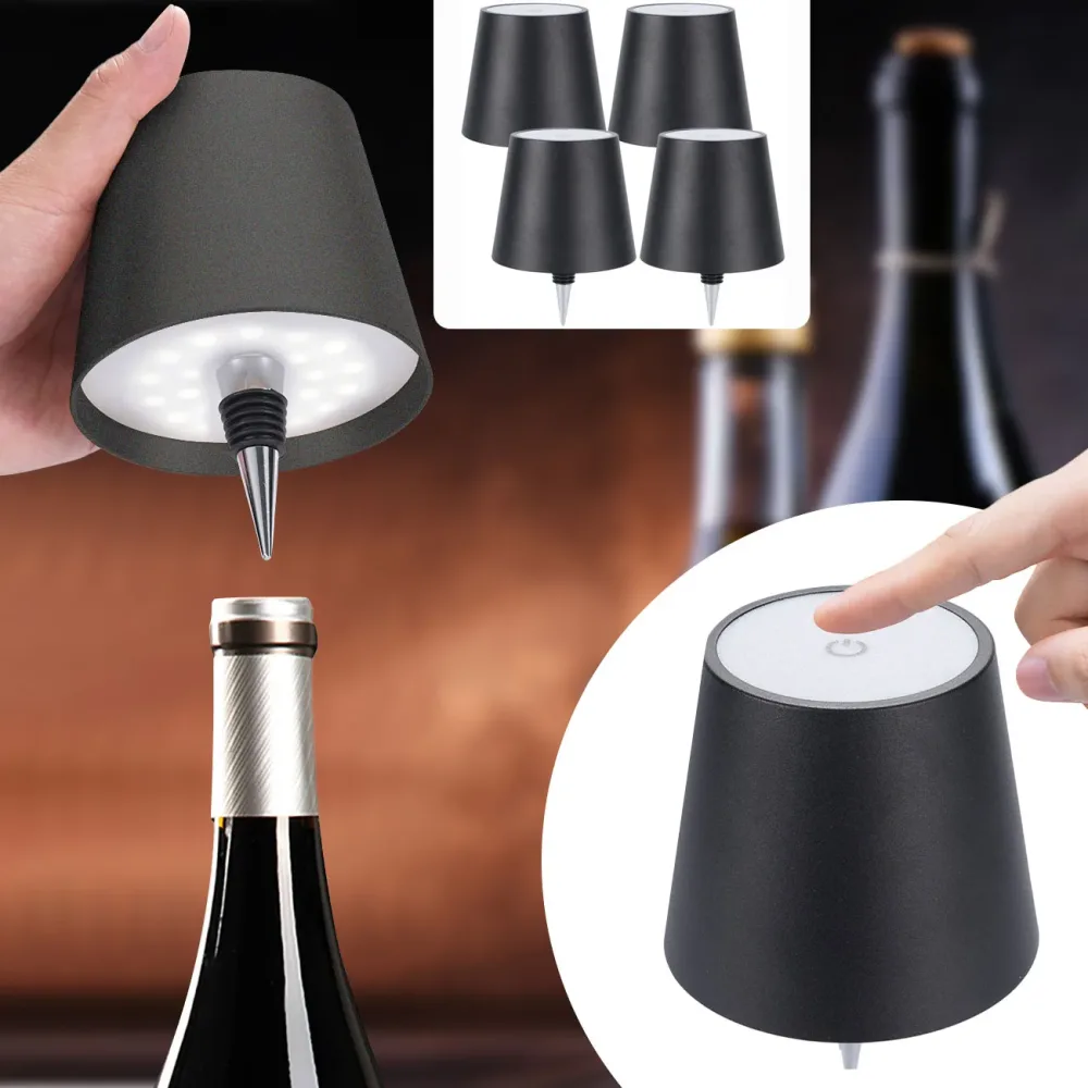 4er-Set Akku Flaschenlampe, dimmbar, 3 Lichtfarben, schwarz