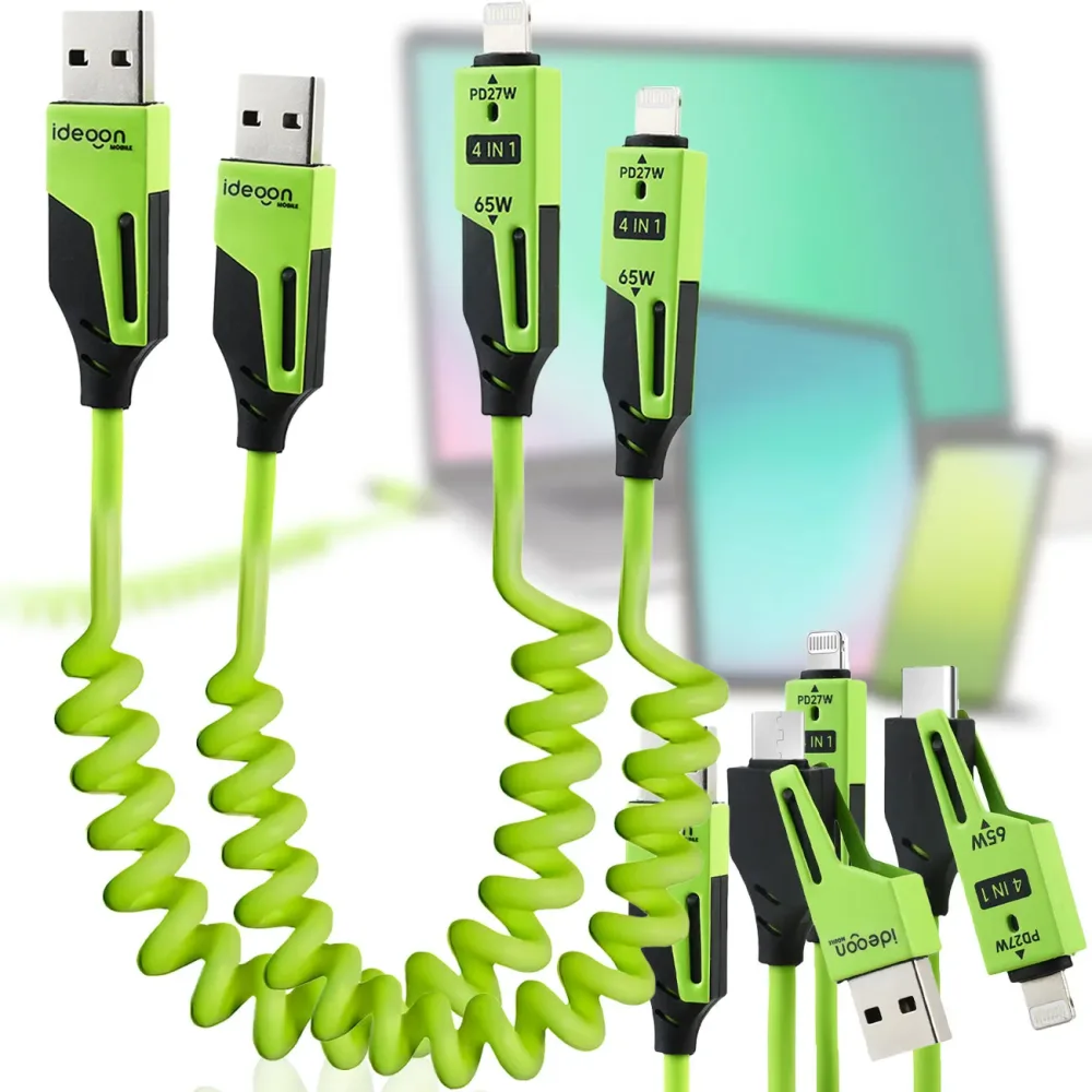 2er-Set 4in1 Spiral Ladekabel, USB-C & Lightning, grün, 65 W