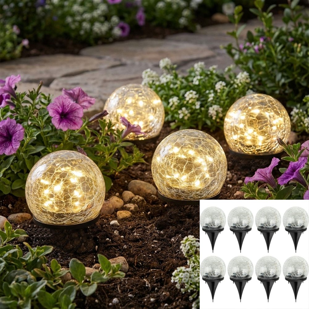 8er-Set Solar-Kugelleuchten Crackle Glas mit Erdspiess