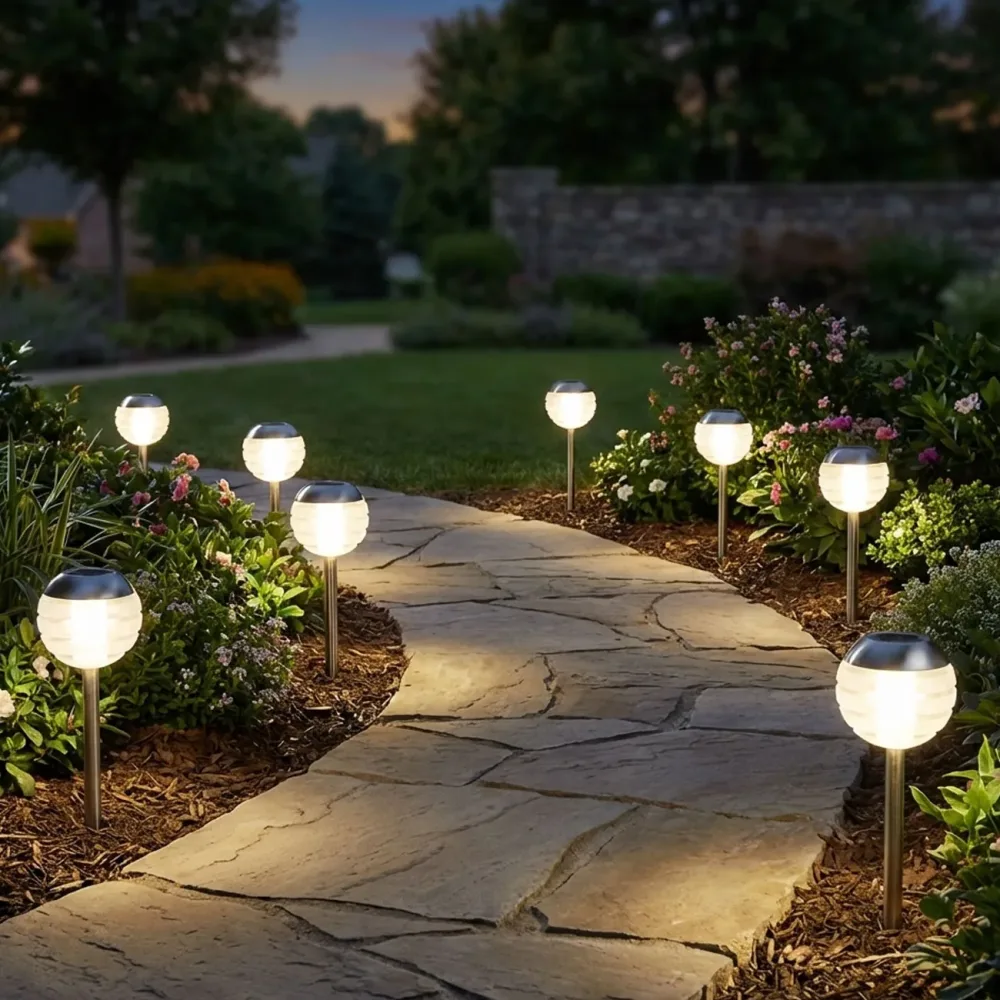8er-Set LED-Kugelleuchte mit Erdspiess, Edelstahl