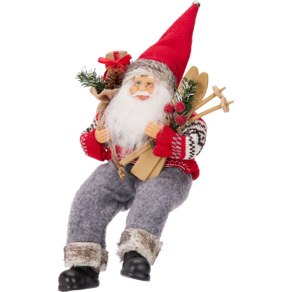 Sitzender Weihnachtsmann mit Skiern & Tasche, 20 x 10 x 30 cm, grau/rot