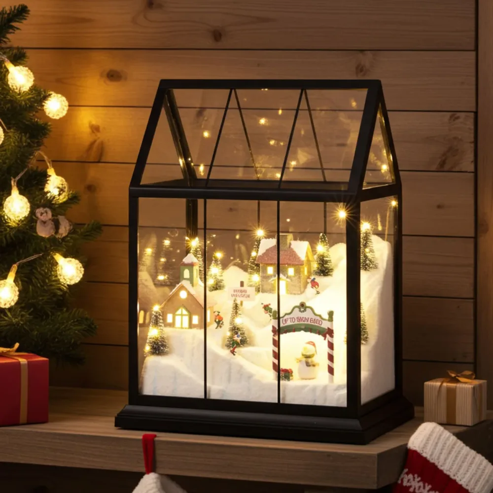 LED Weihnachtsdekoration mit Skifahrern und Licht, 15,2 x 33 x 25,5 cm