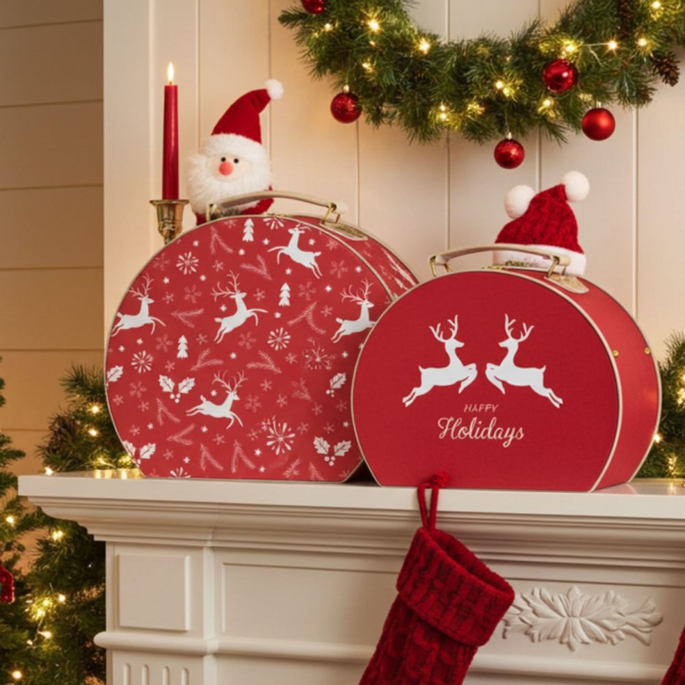 2er-Set Weihnachtskoffer mit Rentier Motiv, rot/weiss