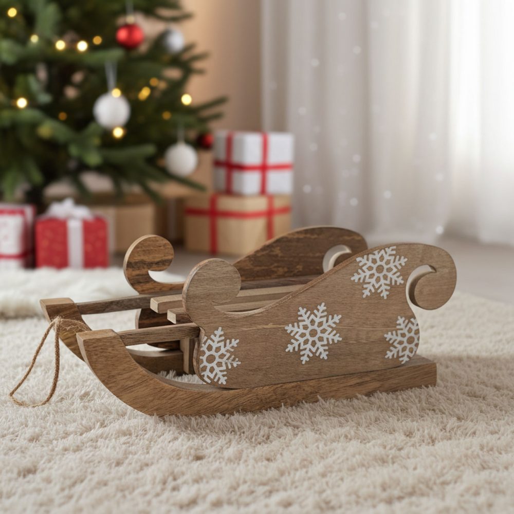 Deko-Schlitten aus Mangoholz, weisse Schnitzerei, Weihnachts-Deko, 32 x 14 x 18 cm