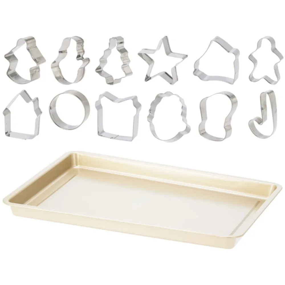 Backset für Weihnachten, 13-tlg. PTFE Stahl Backblech & 12er-Set Edelstahl Keksausstecher