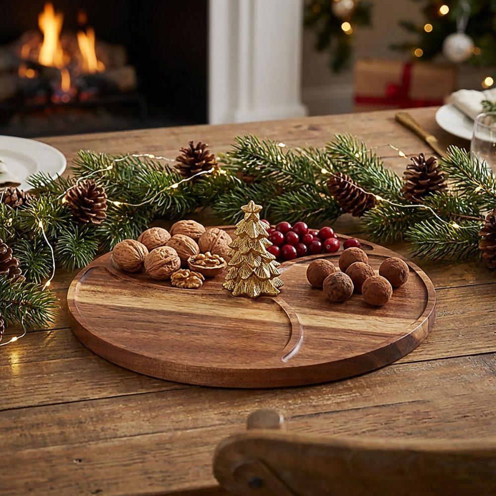 Akazienholz Serviertablett mit goldenen Weihnachtsbaum & 3 Fächern