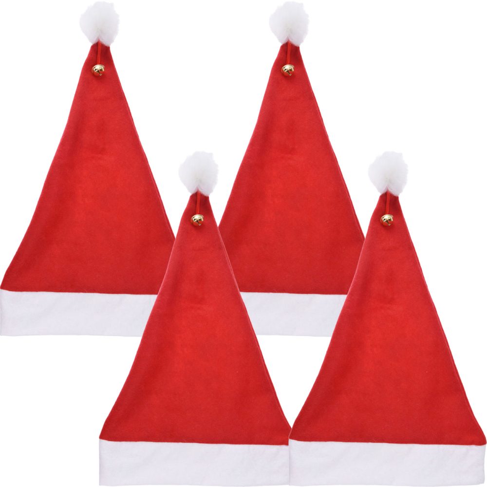 4er-Set Festliche Weihnachtsmann Mütze mit Pompon und Glocke, 40 x 30 cm