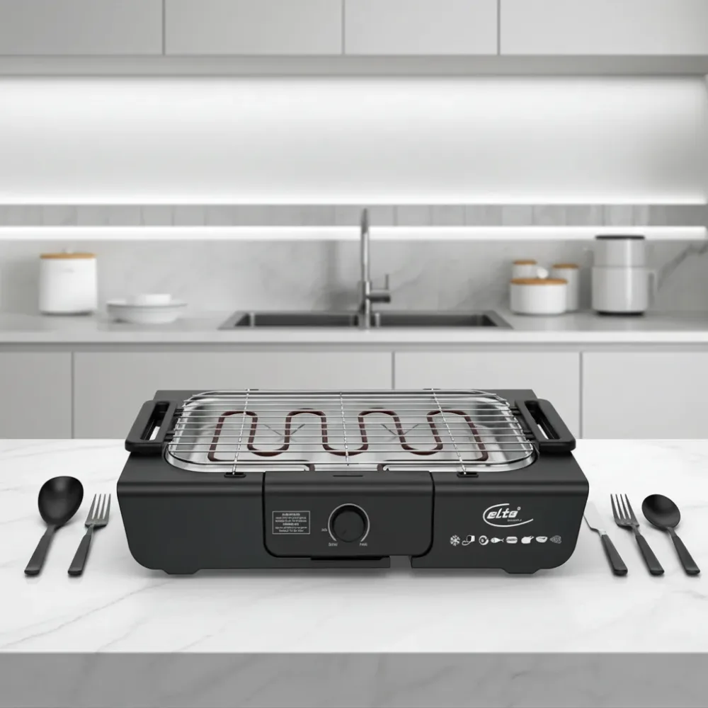 Elektrischer Tischgrill, schwarz, 2000 Watt
