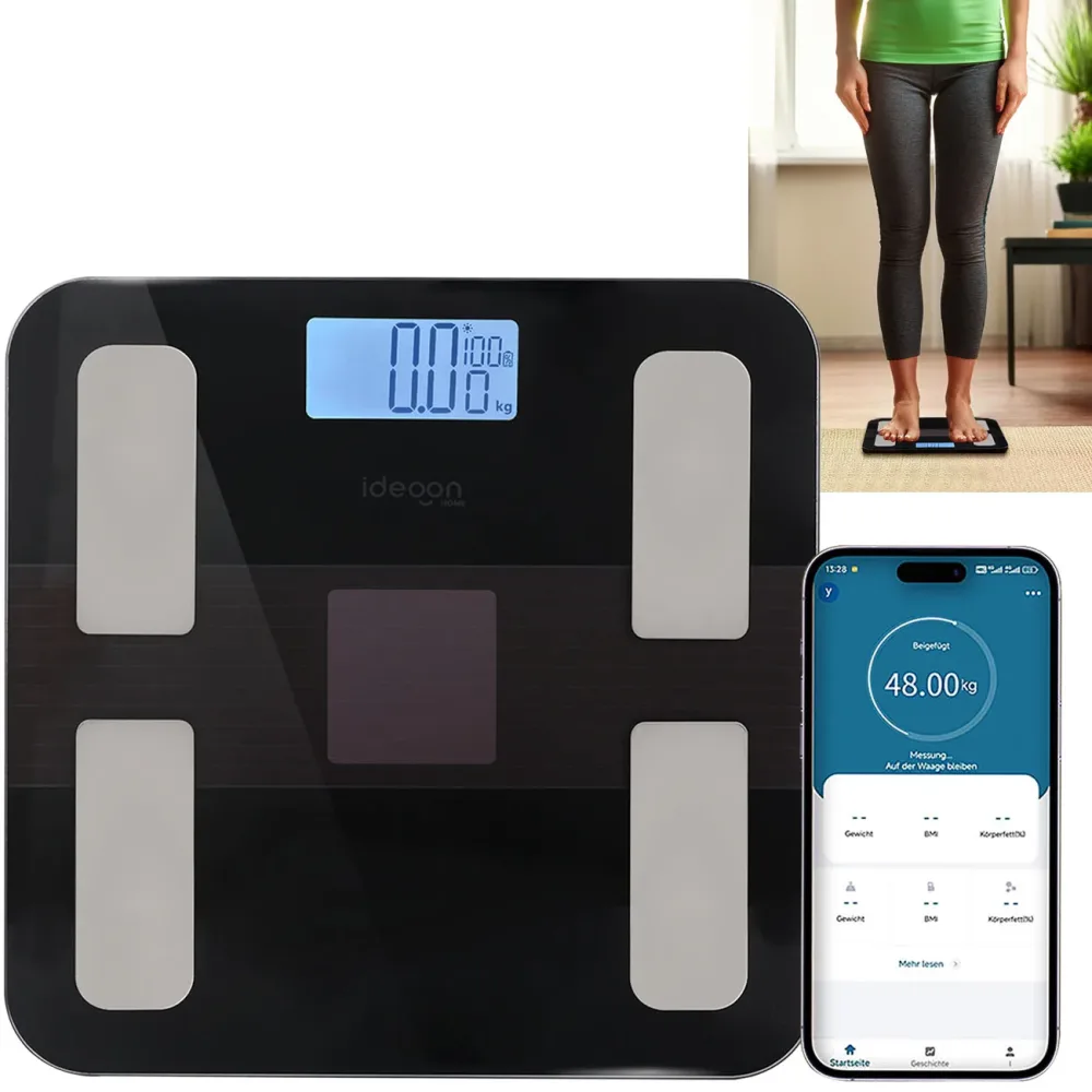Smarte Solar-Akku-Körperfettwaage aus Glas, mit App, LCD, bis 180 kg